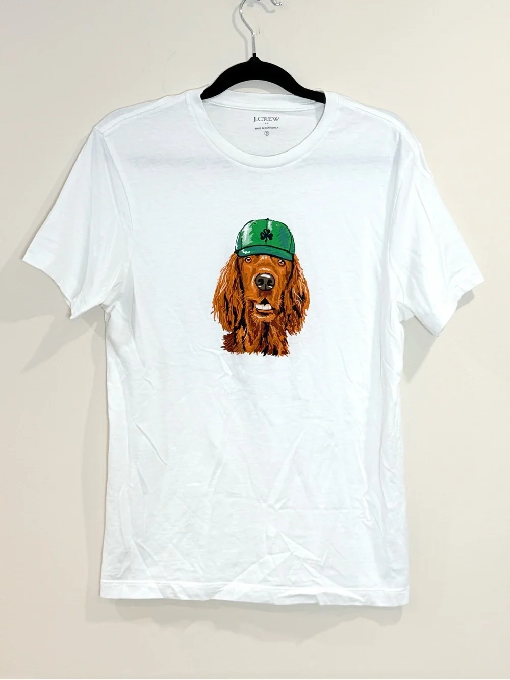 🔥J. Crew White T-Shirt with Irish Setter Dog Graphic in Green Size S EC🔥